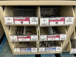 ASSORTED STAINLESS STEEL NUTSWASHERSSCREWS AND CABINET