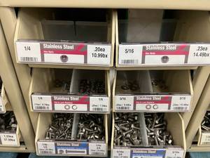 ASSORTED STAINLESS STEEL NUTSWASHERSSCREWS AND CABINET