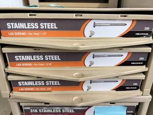 ASSORTED STAINLESS STEEL LAG SCREWS WITH CABINET