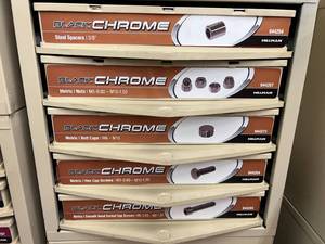 ASSORTED BLACK CHROME ITEMS AND CABINET