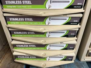 ASSORTED STAINLESS STEEL CARRIAGE BOLTS AND CABINET