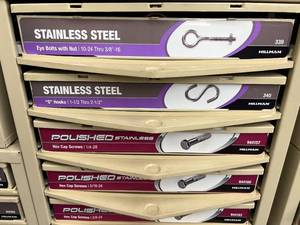 ASSORTED STAINLESS SCREWS, HOOK, NUTS WITH CABINET