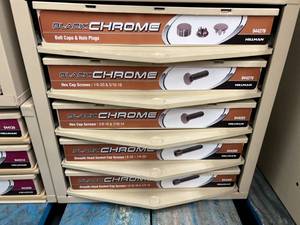 5 DRAWER ASSORTED BLACK CHROME ITEMS WITH CABINET