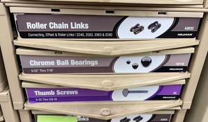 ASSORTED THUMB SCREWS, CHROME BALL, ROLLER CHAIN LINKS WITH CABINET