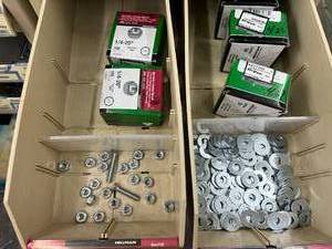 ASSORTED WASHERS AND NUTS WITH CABINET