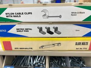 3 PLASTIC CONTAINERS WITH ASSORTED CLIPS, NAILS, SLIDE BOLTS