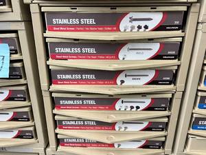 ASSORTED STAINLESS STEEL SHEET METAL SCREWS WITH CABINET