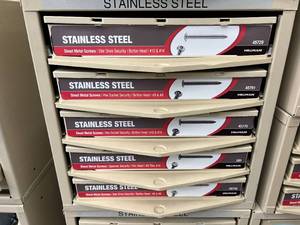 ASSORTED STAINLESS SHEET METAL SCREWS WITH CABINET