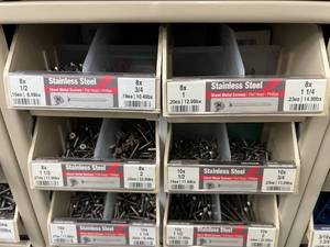 ASSORTED STAINLESS STEEL SHEET METAL SCREWS WITH CABINET