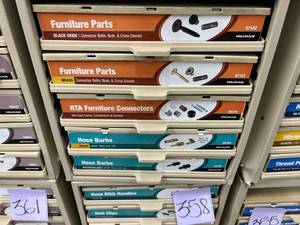 5 DRAWER CABINET WITH ASSORTED FURNITURE PARTS, HOSE BARBS