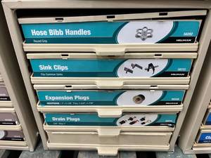 5 DRAWER CABINET WITH ASSORTED CLIPS, PLUGS, HANDLES