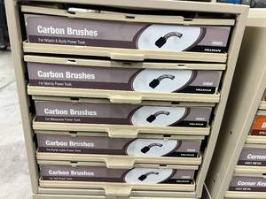5 DRAWER CABINET WITH ASSORTED CARBON BRUSHES