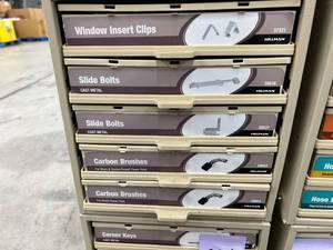 5 DRAWER CABINET WITH ASSORTED CARBON BRUSHES. CLIPS. BOLTS