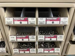 6 DRAWER CABINET WITH ASSORTED STAINLESS STEEL CAP NUTS