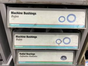3 DRAWER CABINET WITH ASSORTED MACHINE BUSHINGS AND BEARINGS