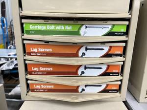5 DRAWER CABINET WITH ASSORTED SCREWS, CARRIAGE BOLTS