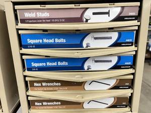 5 DRAWER CABINET WITH ASSORTED BOLTS, WRENCHES
