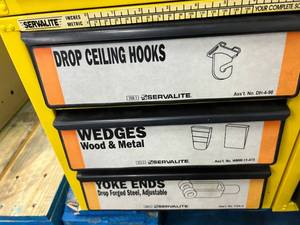 3 DRAWER CABINET WITH ASSORTED CEILING HOOKS, WEDGES, YOKE ENDS
