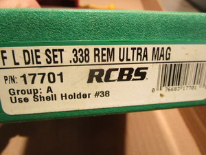 lot 79 image: RCBS FL die set, 338 REM Ultra Mag,...