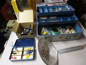 lot 249 image: Tackle box, reel, dipper, bait box...