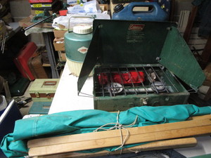 lot 250 image: Camping cots, stove, Coleman cooler...