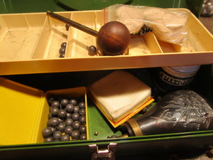 lot 261 image: Powder flask, balls, .451 lead, pat...