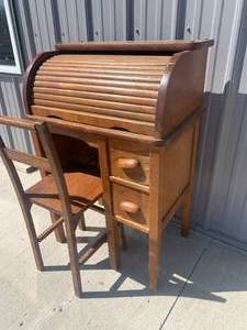 lot 2 image: Antiques 34 Inch Tall Roll Top Desk and Chair