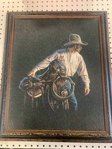 lot 48 image: Antique Cowboy Artwork, 19 X 23 Painting or Litho From The 1950s