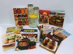 Tons of Cookbooks, Canning Jars, Glass Container with Lid
