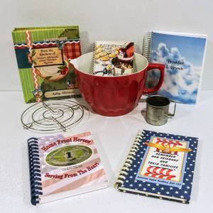 Red World Market Batter Bowl, Tin Measuring Cup, Hot Pad Stand, Cookbooks