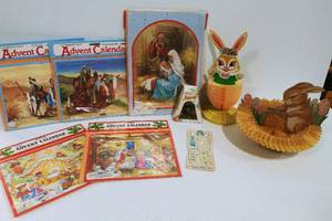 Vintage Advent Calendars, Rosary, Honeycomb Paper Decor, Nativity Scene