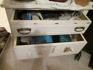 lot 21 image: Antique wood cabinet plus contents...