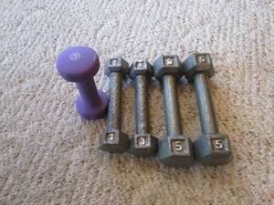 lot 104 image: 2-5lb dumbbells and 3-3lb dumbbells...