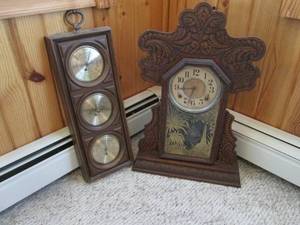 lot 107 image: Vintage clock and thermometer Baro...