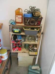 lot 158 image: Wood shelves plus contents which in...