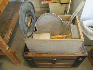 lot 163 image: Wood crate with vintage kitchenware...