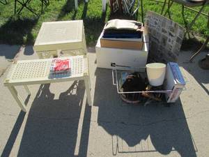 lot 186 image: Plastic wicker style tables, thread...