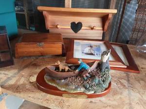 Terry Redlin Figurine, Wood Wall Shelf, Vintage Souvenir Box From Ladysmith, WI