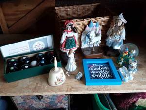 Wicker Basket, Goebel Bell, Music Boxes, Procelain Dolls, Carpet Ball Game (Made In England), Misc