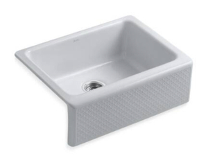 lot 88 image: KOHLER Evenweave Design on Alcott Farmhouse Apron-Front Fireclay 25 in. 5-Hole Single Basin Kitchen Sink in Earthen White (Retails for $1,718.98)