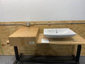 lot 110 image: DURAVIT Lot of 2-  Caro 27-12 Ceramic Bathroom Sink for Wall Mounted or Pedestal Installations with Widespread Faucet Holes and Overflow