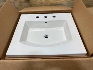 lot 32 image: KOHLER 2956-8-96 BATHROOM SINK WITH OVERFLOW, PERSUADE, RECTANGULAR, 4 IN FAUCET HOLE SPACING, 25-14 IN W X 22 IN D X 6 IN H, VANITY TOP MOUNT, VITREOUS CHINA, BISCUIT
