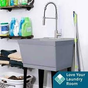 lot 30 image: TEHILA 22.875 in. x 23.5 in. Grey 19 Gallon Thermoplastic Utility Sink Set with High-Arc Stainless Steel Coil Pull-Down Faucet