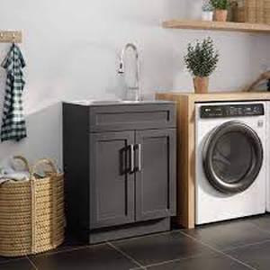 lot 34 image: Glacier Bay All-in-One Stainless Steel 24 in Laundry Sink with Faucet and Storage Cabinet in Dark Gray