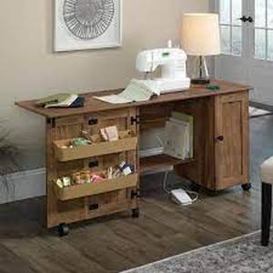 lot 37 image: SAUDER 60 in. Wide Sewing Craft Cart in Vintage Oak