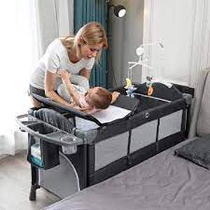 lot 45 image: FUFU&GAGA Gray Multifunctional Foldable Baby Crib Co-sleeper Playpen Adjustable Infant Bassinet Bed with Carry Bag Hanging Toys