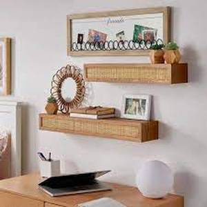 lot 25 image: Exclusive StyleWell Natural Wood Floating Wall Shelves with Rattan Caning Detail (Set of 2)