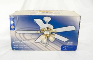 lot 137 image: New Bay Breeze 4 inch Tri-Mount System Bright Brass and White Ceiling Fan