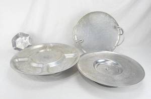 lot 68 image: Lot of Vintage Hammered Aluminum Floral Lazy Susans, Platter and Candy Dish