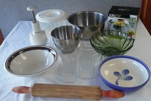 lot 13 image: 3 Rolling Pin, Zyllis Chopper, Stainless Bowls and More